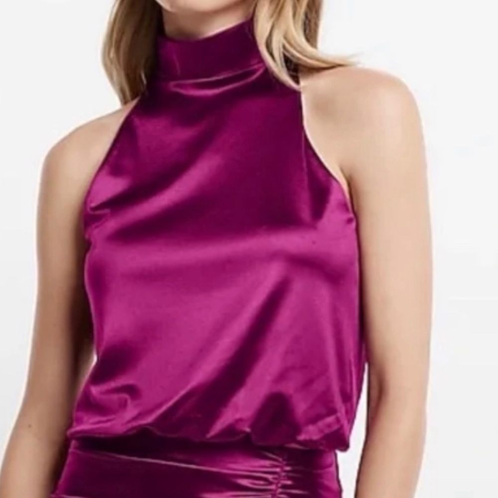 Sangria Express Satin Mock Neck Cinched Hem Tank